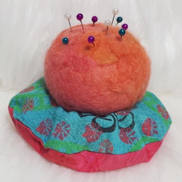 Felted wool pincushion. Handmade. Orange, turquoise shades. New. - Picture 1 of 1